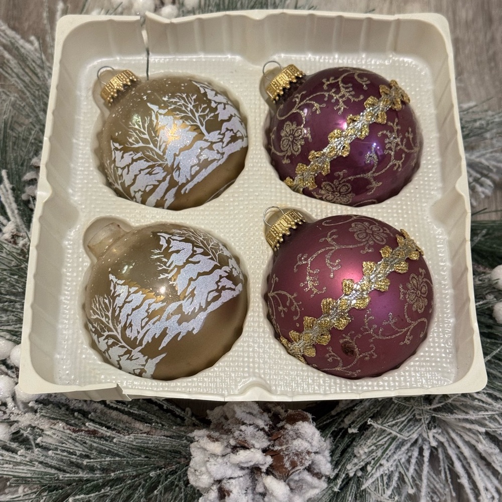 Vintage Christmas By Krebs 8 - Purple Gold Glass Ornaments W/Glitter & Ribbon - Picture 2 of 11